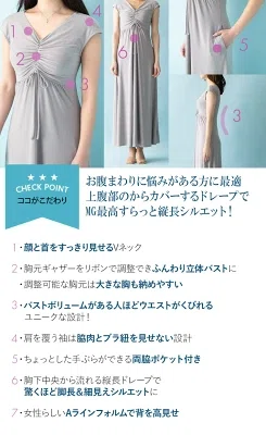 幾何学模様が印象的なマキシ丈ワンピース。胸下から流れるラインで、すっきり見えやすそうなデザイン