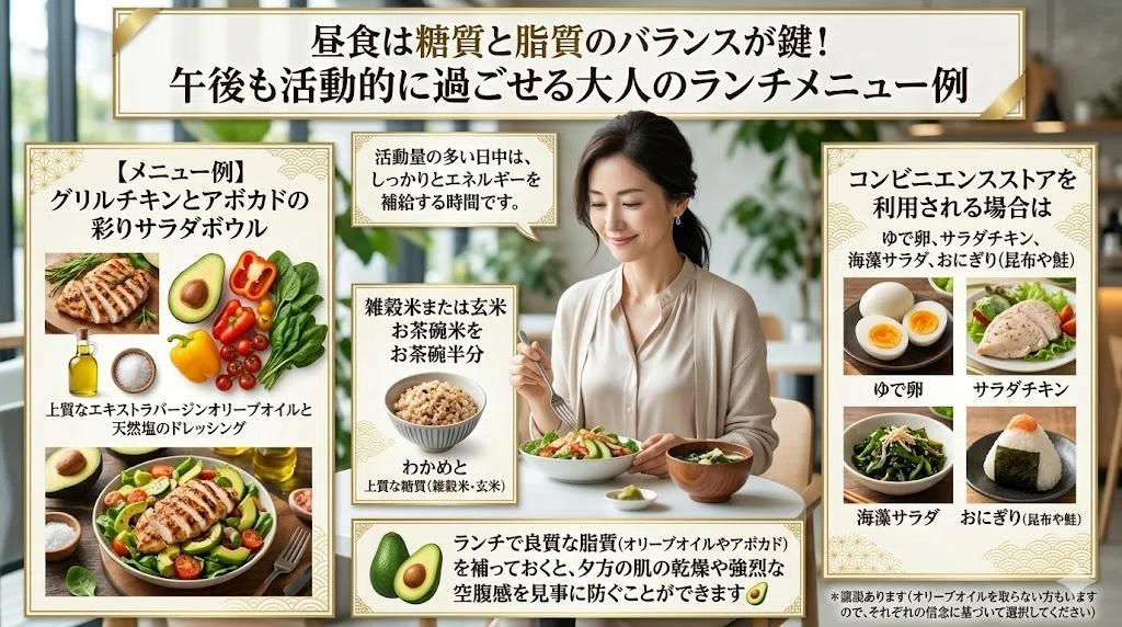 昼食は糖質と脂質のバランスが鍵!午後も活動的に過ごせる大人のランチメニュー例