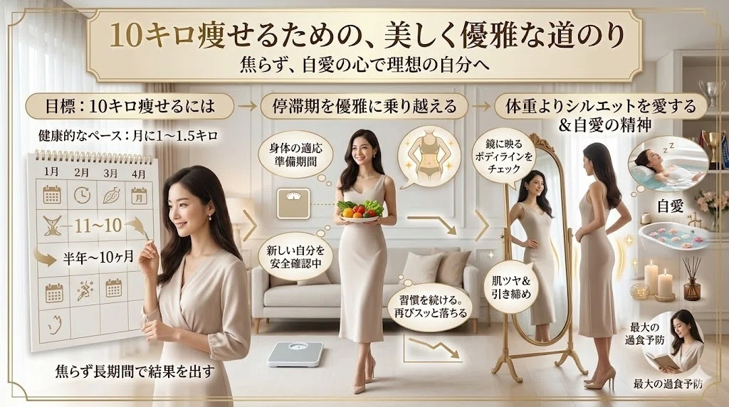10キロ痩せるには何ヶ月かかるか?停滞期を優雅に乗り越えるための美しいマインドセットの図解