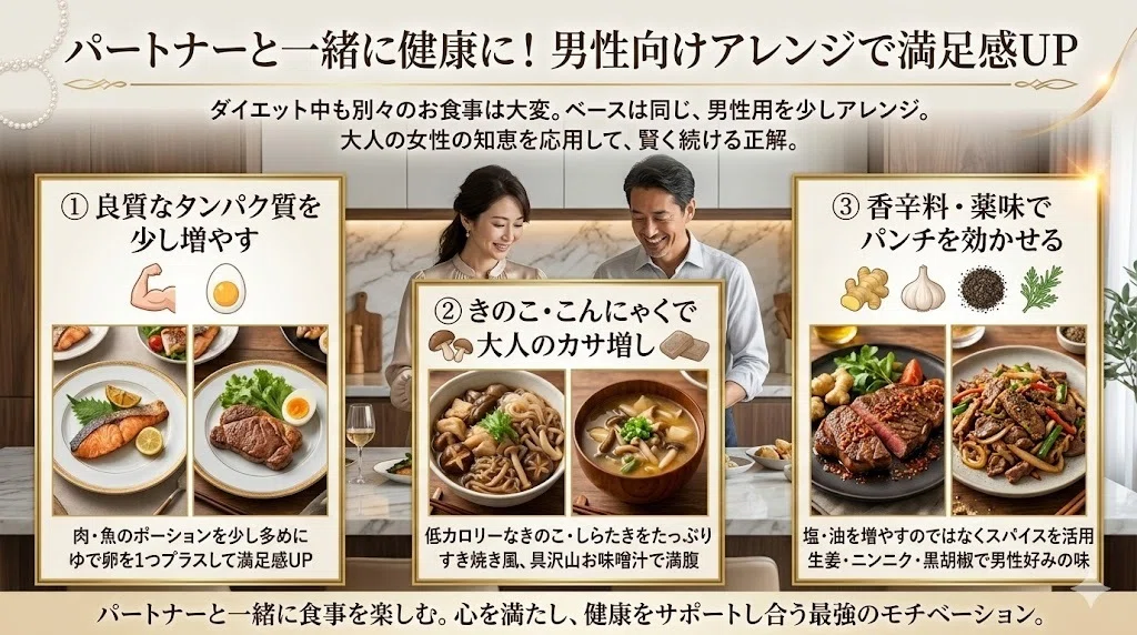 パートナーと一緒に健康に!ご自身のメニューを男性向けにアレンジして満足感を高める方法のオリジナル図解