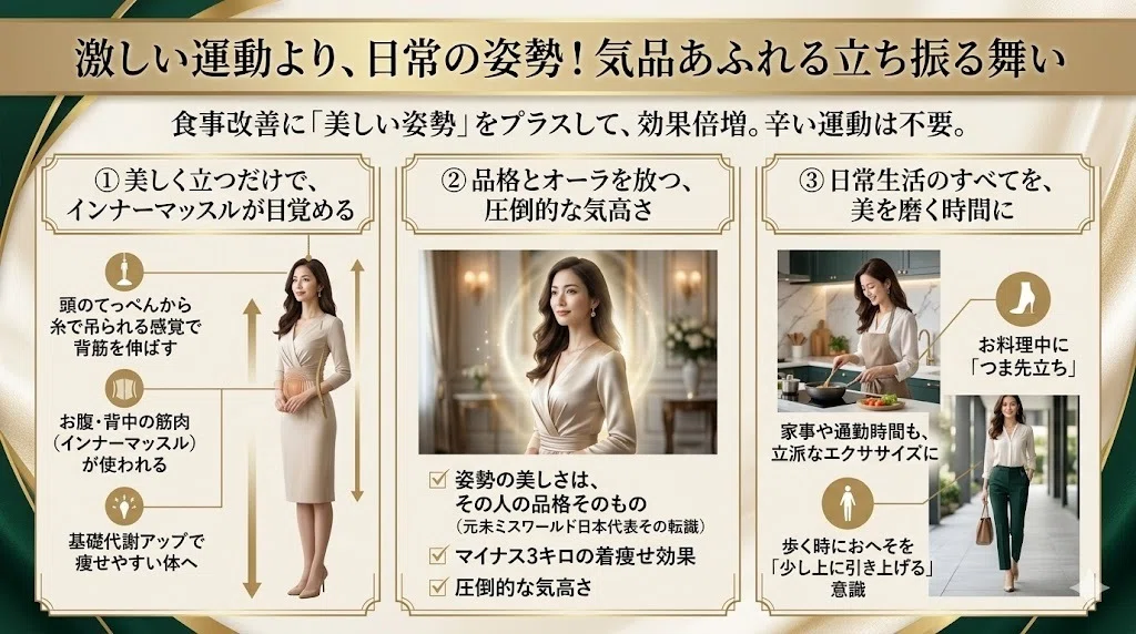 激しい運動より日常の姿勢!食事にプラスして取り入れたい気品あふれる立ち振る舞い