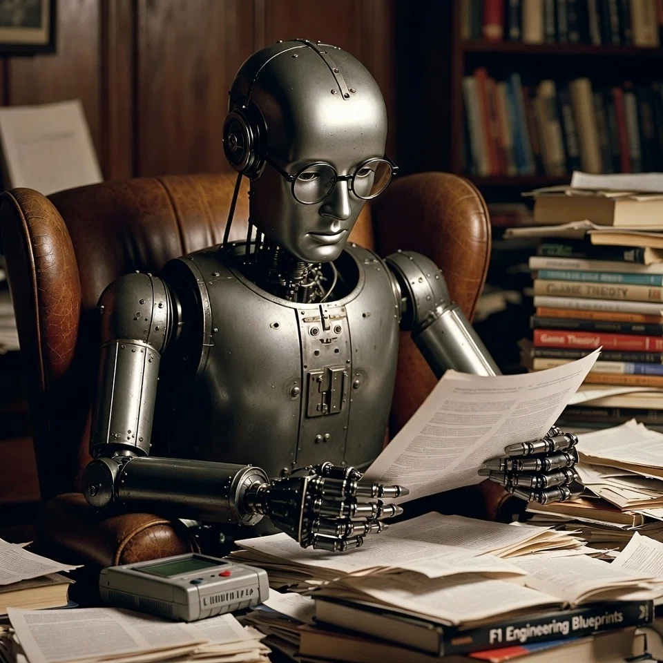 読書用の老眼鏡をかけた、疲れているが気品のあるロボットが、居心地の良いアームチェアに座っている。周囲には、ゲーム理論の専門書、F1のエンジニアリング設計図、そして古い任天堂バーチャルボーイが無秩序に積み上げられている。ロボットは、印刷されたばかりのこの記事の草稿を手に持ち、「これについて言いたいことが山ほどあるんだが」と言いたげな表情でカメラを見つめている。