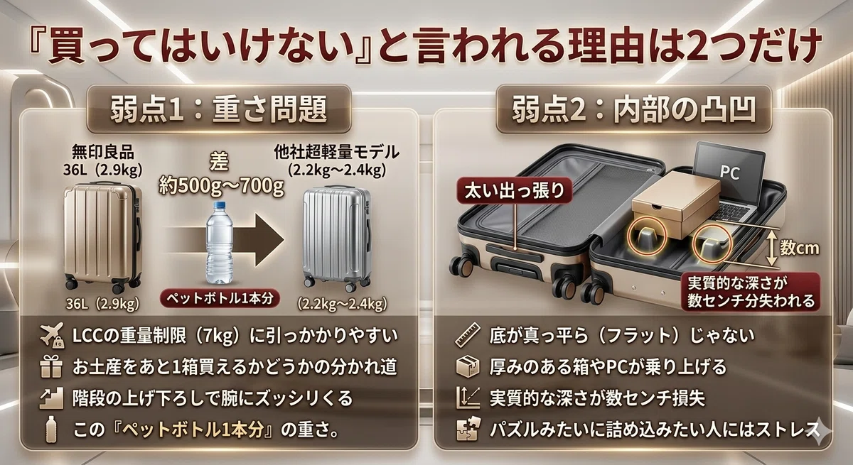 結論：無印スーツケースを「買ってはいけない人」と「買うべき人」。移動中のストレス（走行音・揺れ・持ちにくさ）を極限までゼロにするメリットを解説。
​【左側：買ってはいけない人（デメリット・弱点）】
オレンジ色の背景で、以下の3つの注意点をアイコンと共に紹介。
​超軽量モデル重視：本体重量2.9kg。他社の2.2kg台と比較すると、1gでも軽さを求める人には不向き（天秤と重りのアイコン）。
​収納ポケット数重視：内装ポケットが1つと非常にシンプルなため、細かく仕分けたい人には不向き（散らかったスーツケースのアイコン）。
​底のフラットさ重視：背面のキャリーバー収納による内部の出っ張りがあるため、完全な平らさを求める人には不向き（底の断面図アイコン）。
​【右側：買うべき人（メリット・強み）】
緑色の背景で、無印良品ならではの強みを3つのアイコンと共に紹介。
​静音キャスター重視：早朝・深夜でも響かない静かな走行音「ガラガラ音」を消したい人に最適（月と消音マークのアイコン）。
​ストッパー機能重視：電車やバス移動中に手元ボタンで車輪を固定し、押さえるストレスを無くしたい人に最適（座席でリラックスする人とストッパーのアイコン）。
​ハンドル調整重視：キャリーバーの長さを自分の身長に合わせて1cm単位でピタッと無段階調整したい人に最適（身長の違う親子と高さ調整のアイコン）。