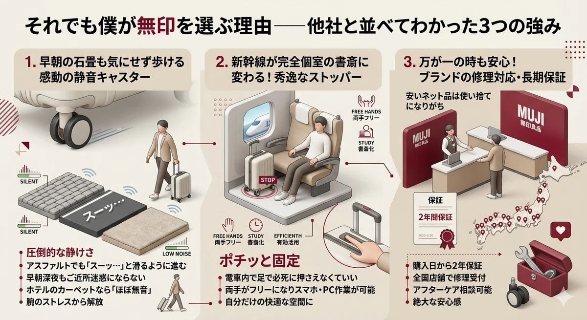 無印良品スーツケースの3つの強みを紹介するインフォグラフィック。
メインタイトルは「それでも僕が無印を選ぶ理由――他社と並べてわかった3つの強み」。
​1つ目のパネル（左）は「静音キャスター」。ホイールの拡大図と、アスファルト、石畳、カーペットの3つの表面での走行を比較するイラストがある。アスファルトと石畳は緑色のメーターで「SILENT」、カーペットは「LOW NOISE」と示され、「スーツ…」「スーッ…」という効果音がある。箇条書きのテキストには「圧倒的な静けさ」「アスファルトでも『スーッ…』と滑るように進む」「早朝深夜もご近所迷惑にならない」「ホテルのカーペットなら『ほぼ無音』」「腕のストレスから解放」とある。下に引いて歩く人のアイコン。
​2つ目のパネル（中央）は「ストッパー」。新幹線の座席でスーツケースを「STOP」状態で足元に置く人と、キャリーバーのボタンを押して「ポチッと固定」する指の拡大図。箇条書きには「電車内で足で必死に押さえなくていい」「両手がフリーになりスマホ・PC作業が可能」「自分だけの快適な空間に」とある。上部に3つのアイコン（FREE HANDS・STUDY・EFFICIENTH）とそれぞれの和訳（両手フリー・書斎化・有効活用）がある。
​3つ目のパネル（右）は「修理対応・長期保証」。無印良品（MUJI）の店舗カウンターでの接客、2年間保証の証明書（2020・2・20の日付）、日本地図の修理ネットワーク、道具箱とレンチ、交換用キャスターのイラストがある。箇条書きテキストには「安いネット品は使い捨てになりがち」「購入日から2年間保証」「全国店舗で修理受付」「アフターケア相談可能」「絶大な安心感」とある。下に道具箱のアイコン。