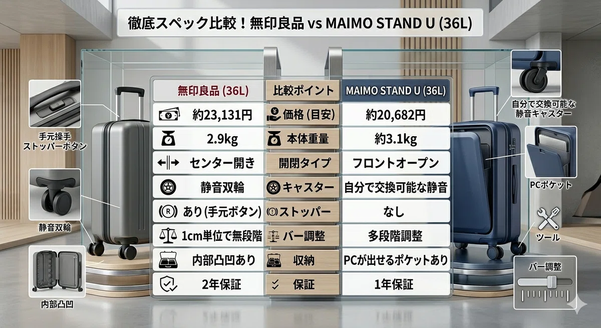 ​無印良品とMAIMO STAND U（36L）のスーツケースのスペック比較図。中央に大きな詳細比較表があり、その左右にそれぞれのスーツケースの実物と、特定の機能のクローズアップ画像が配置されています。
​中央の比較表には、8つの項目について無印良品とMAIMOの数値や仕様が記載されています。例えば、価格（目安）は無印良品が約23,131円、MAIMOが約20,682円です。本体重量は無印良品が2.9kg、MAIMOが約3.1kg。開閉タイプは無印良品がセンター開き、MAIMOがフロントオープンです。
​左側の無印良品のクローズアップ画像（シルバーのスーツケース）には、「手元操作ストッパーボタン」、「静音双輪」、「内部凸凹」が示されています。
​右側のMAIMOのクローズアップ画像（ネイビーのスーツケース）には、「自分で交換可能な静音キャスター」、「PCポケット」、「ツール（レンチ）」、そして「バー調整」のスライダー図が示されています。