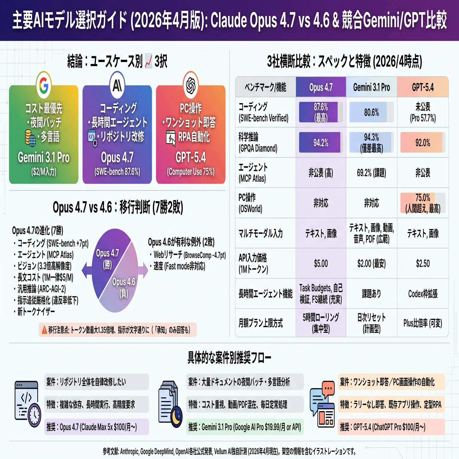 主要AIモデル選択ガイド（2026年4月版）：Claude Opus 4.7 vs 4.6
