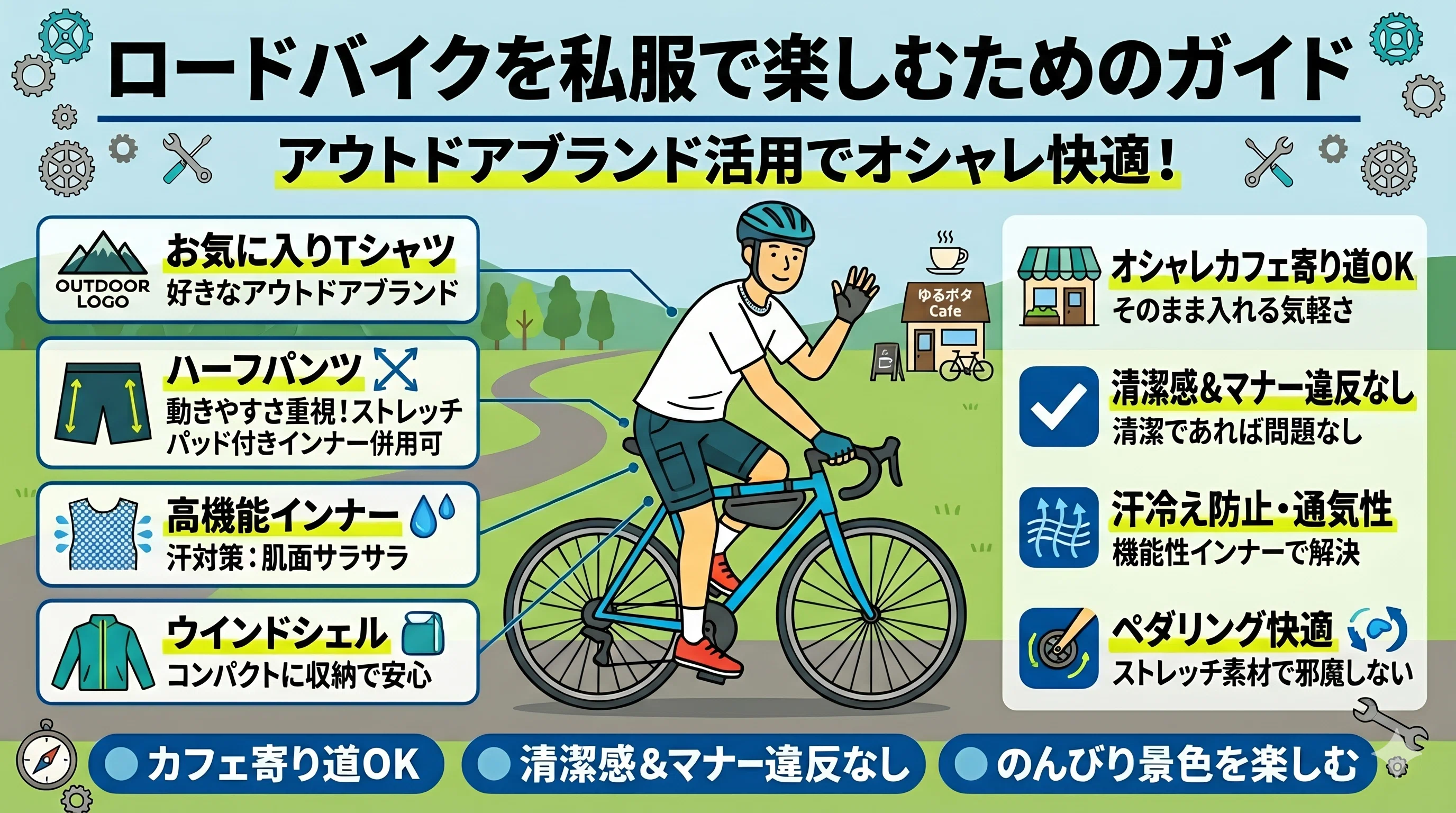ロードバイクの服装はなんでもいい 初心者がオシャレに決まる春夏の快適装備 ぽたねす ブルベ好きの