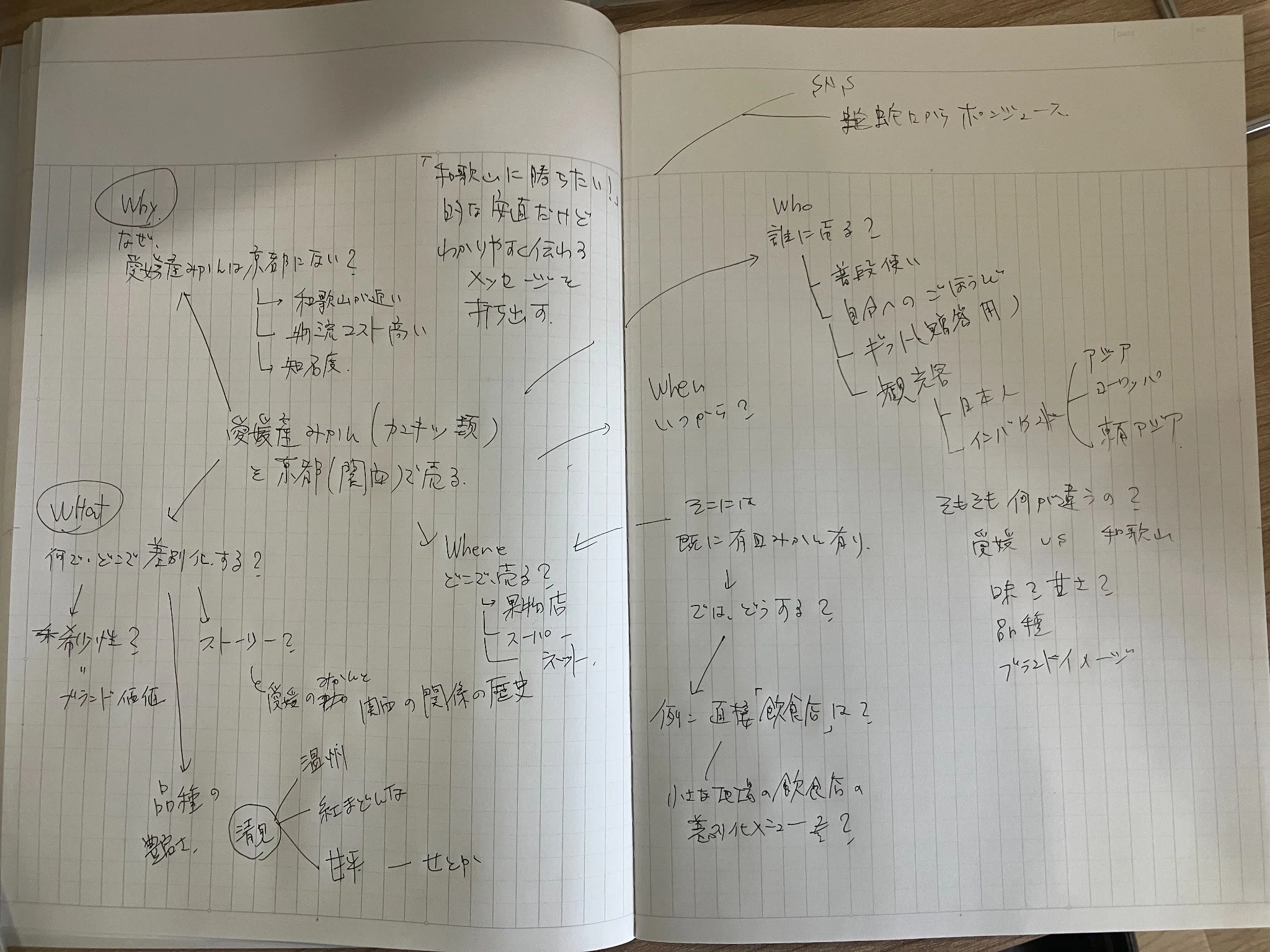 手書きのブレストメモ(これはセミナー用なので、ほんとはもっと殴り書きです)