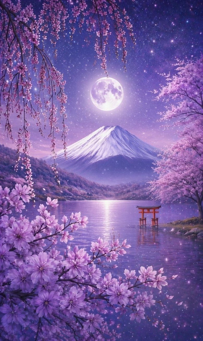はなとつきよ Flowers and Moonlit Night AI桜富士山日本景色