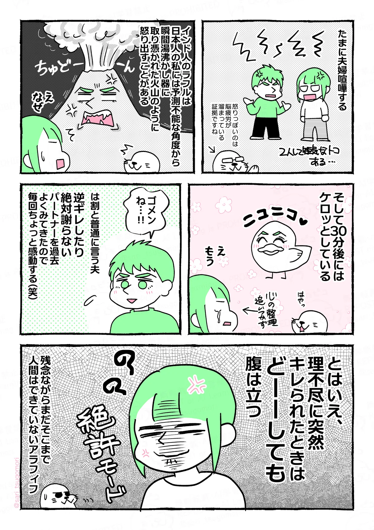 マンガの画像。以下内容テキスト：
１：
たまに夫婦喧嘩する。
［口喧嘩するラフルとさり］
２人して短気なとこある。
博士アザラシ（怒りっぽいのは脳疲労が溜まっている証拠ですね）
２：
インド人のラフルは、日本人の私には予測不能な角度から瞬間湯沸かし器に取り憑かれた火山のように怒り出すことがある。
火山ラフル（ちゅどーん）
さり（え。なぜ）←混乱

３：
そして30分後にはケロッとしている。
ひよこラフル（にこにこ♡）
さり（え。もう）←心の整理が追いつかない
４：
ラフル「ゴメンね」
は割と普通に言う夫。逆ギレしたり絶対謝らないパートナーを過去よくみてきたので、毎回ちょっと感動してる（笑）

５：
とはいえ、理不尽に突然キレられたときはどーーしても腹は立つ。
怒りさり（絶許モード（ゴゴゴゴゴ））
残念ながらまだそこまで人間はできていない。
［汗だくで遠巻きにみているアザラシ。］