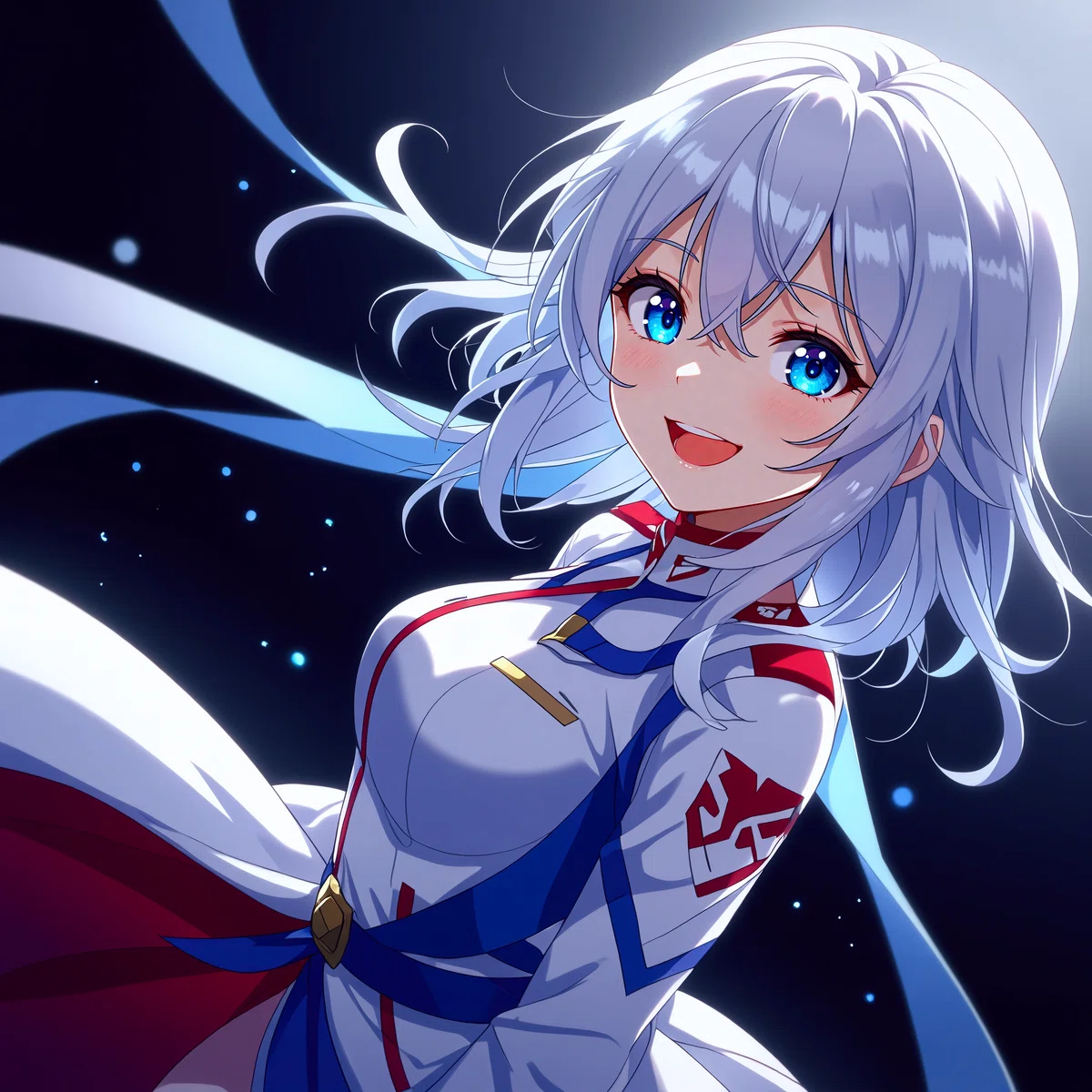 白い制服を着た銀髪の女の子が澄んだ瞳でこちらを見ているアニメイラスト