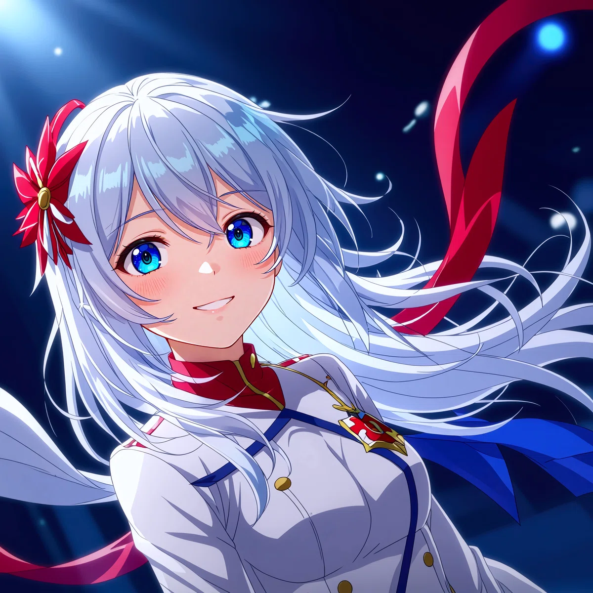白い制服を着た銀髪の女の子が笑顔でこちらを見ているアニメイラスト