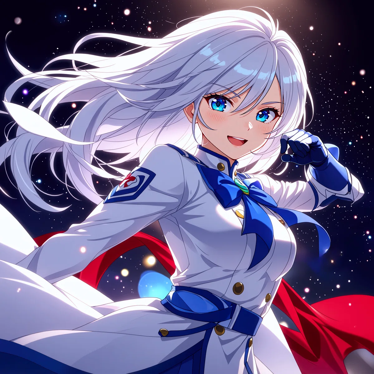 白い制服を着た銀髪の女の子が自信の有りそうな笑顔でこちらを見ているアニメイラスト