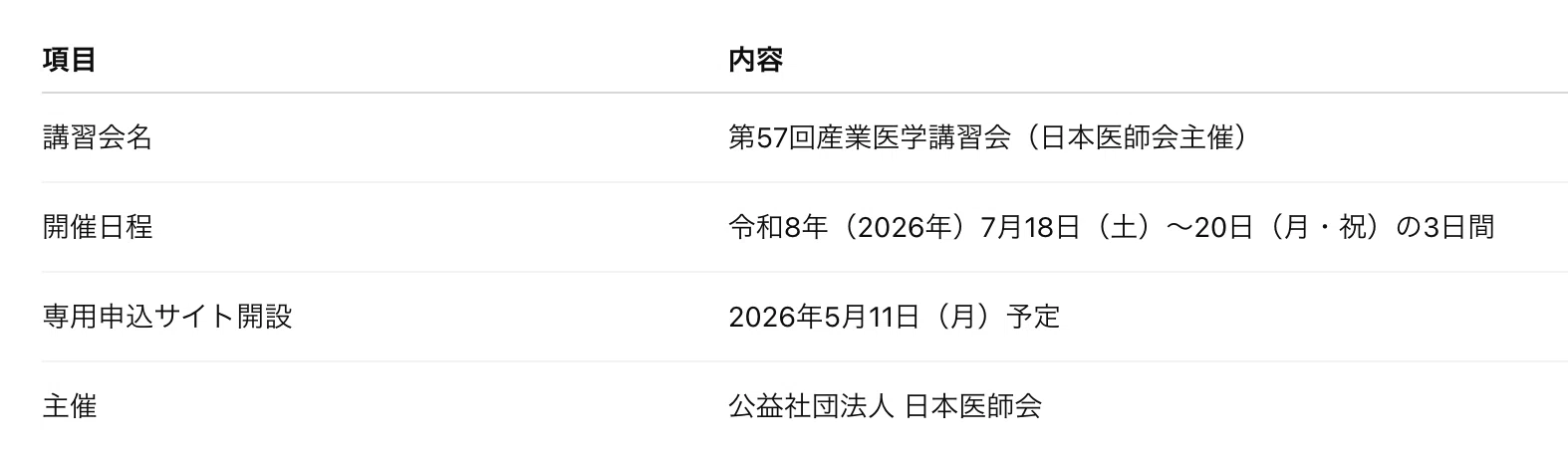 第57回産業医学講習会の申込が5月11日から：2026年度 労働衛生