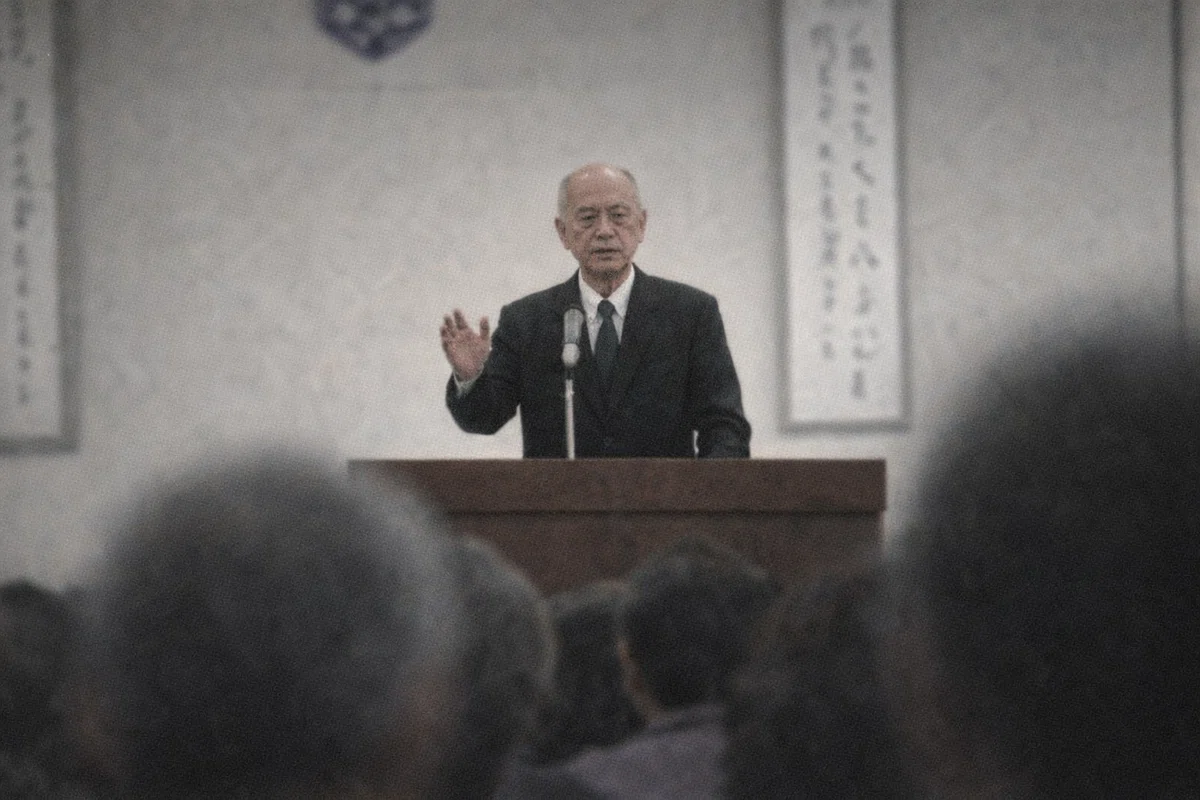 地方都市の会館の大集会を後方客席から撮影した粗い記録写真。壇上中央の演壇に、黒い礼装の高齢男性が立って片手を上げている。手前には会衆の頭がぼけて入り、全体に引き伸ばしたようなざらつきがある。