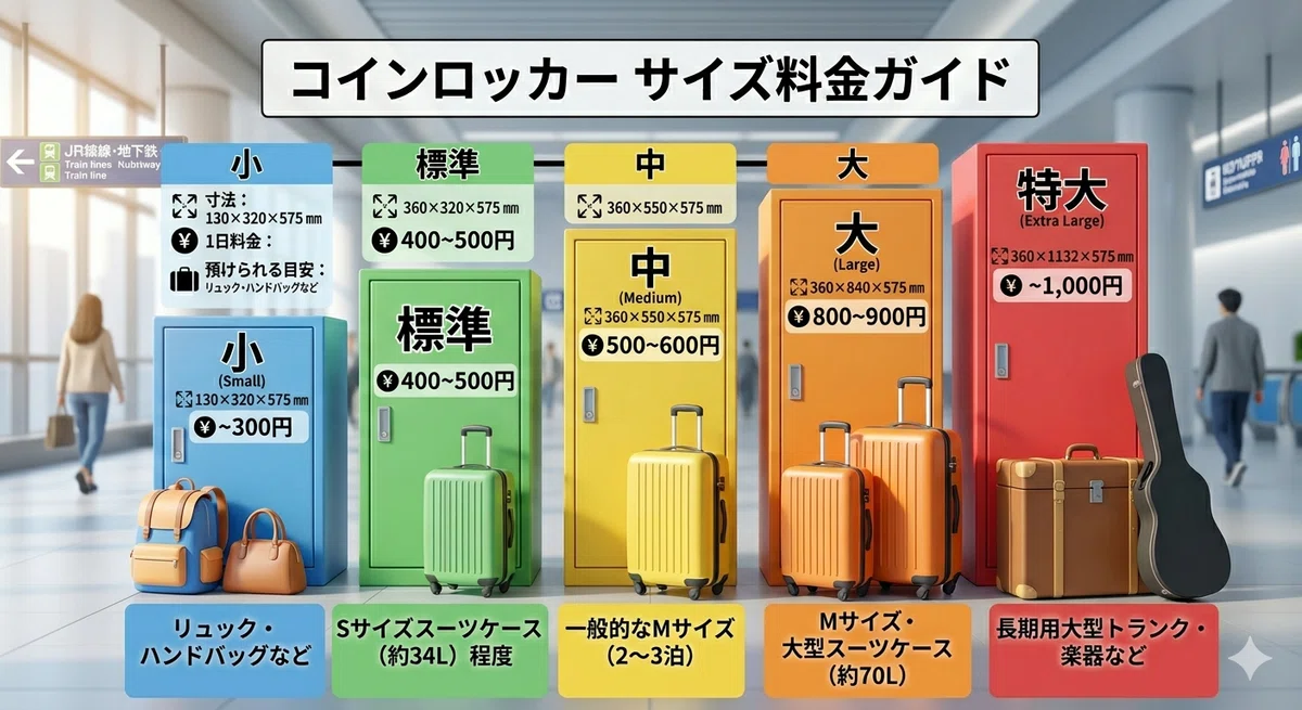 サイズ区分 寸法(mm) 幅×高さ×奥行 1日料金（目安） 預けられるスーツケースの目安
小（Small） 130 × 320 × 575 約300円 リュック・ハンドバッグなど
標準（Standard） 360 × 320 × 575 400〜500円 Sサイズスーツケース（約34L）程度
中（Medium） 360 × 550 × 575 500〜600円 一般的なMサイズ（2〜3泊）
大（Large） 360 × 840 × 575 800〜900円 Mサイズ・大型スーツケース（約70L）
特大（Extra Large） 360 × 1132 × 575 約1,000円 長期用大型トランク・楽器など