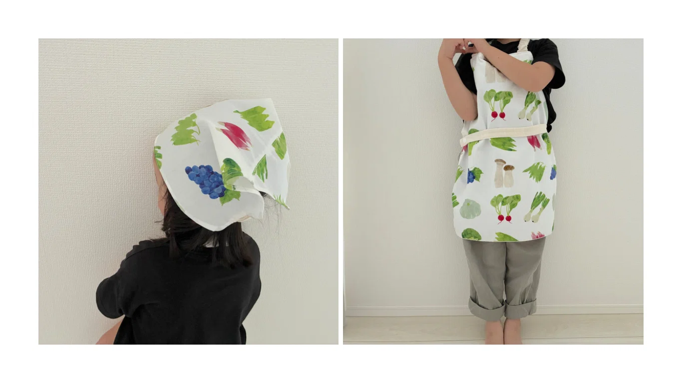 エプロン　ハンドメイド　夏野菜 やさい柄の生地でキッズエプロン作り｜noeruko