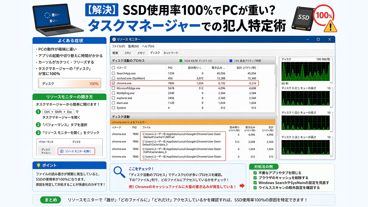 解決】SSD使用率100%でPCが重い？タスクマネージャーでの犯人特定術