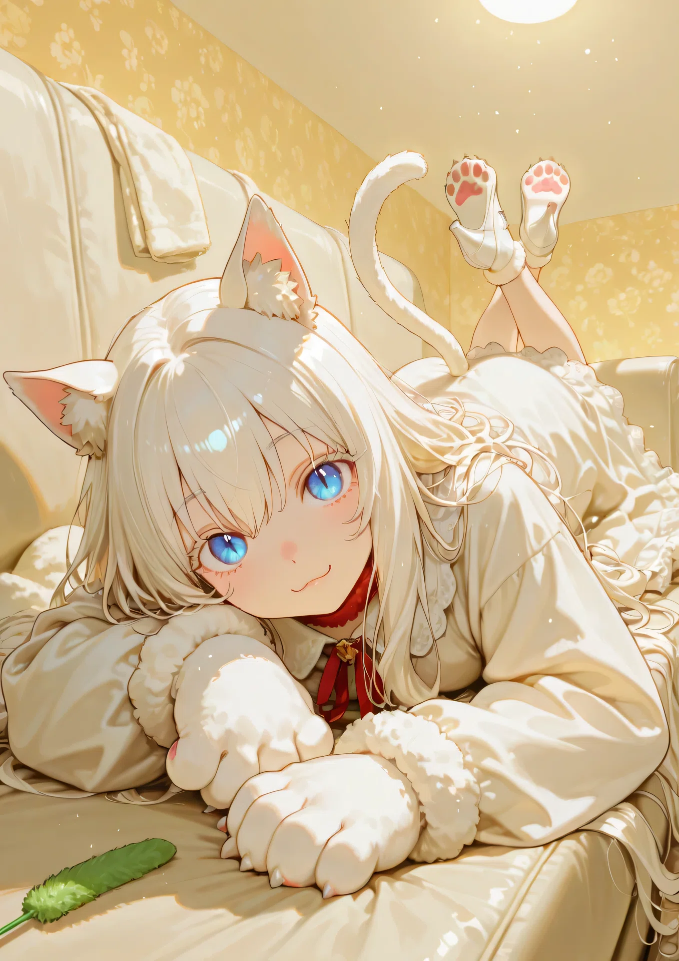?― うちの猫王様 ―?〖ゴロゴロする猫少女のイラストのプロンプト 