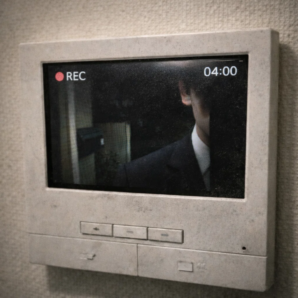 住宅の壁に取り付けられたインターホンモニターの記録画像。時刻表示は04:00。画面端に来訪者の肩口、襟元、耳、目尻の一部だけが映り、顔の大半はフレーム外に切れている。