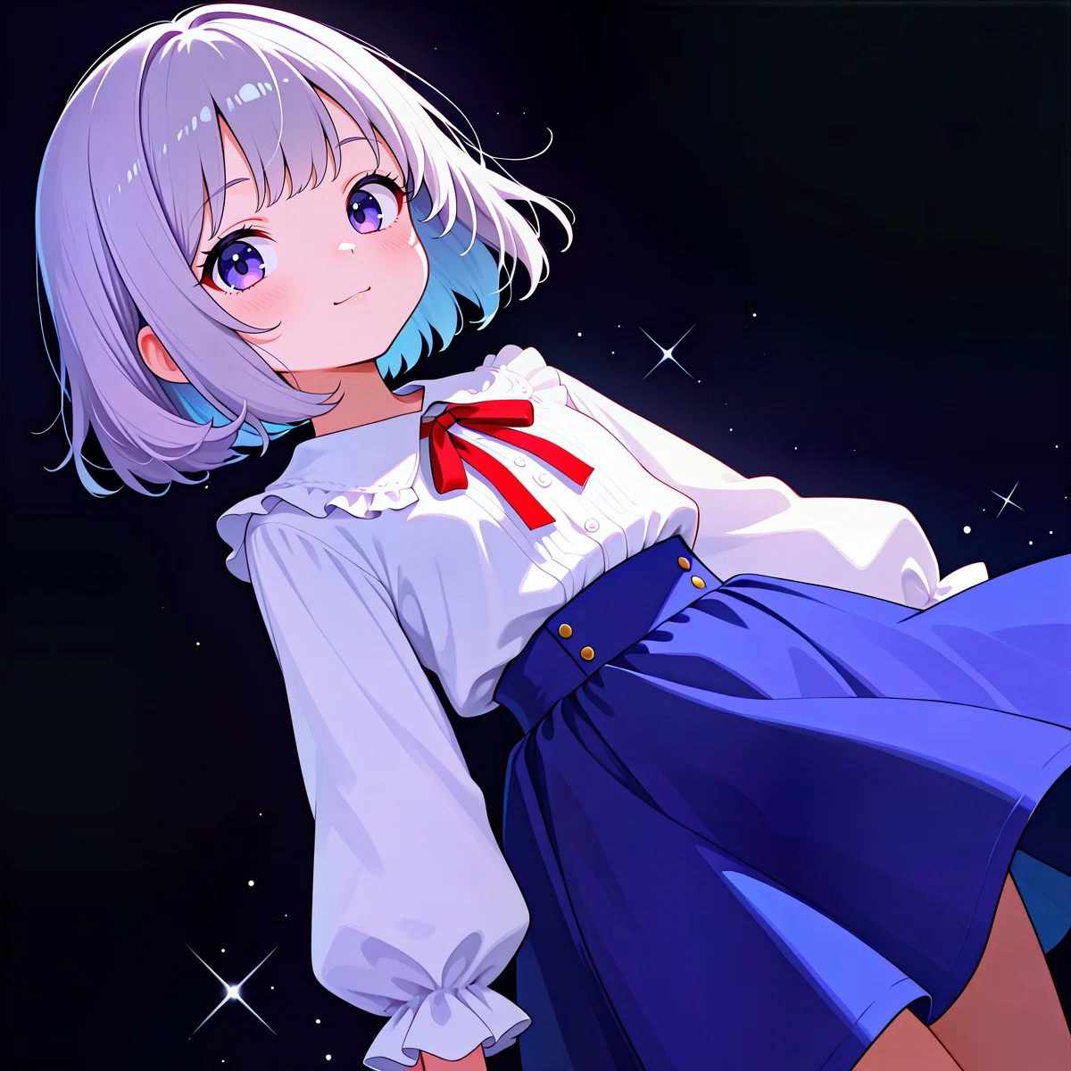 キラキラした魔法のような背景の中に立つ、赤いリボンと白ブラウスを身につけた幼い銀髪の少女。