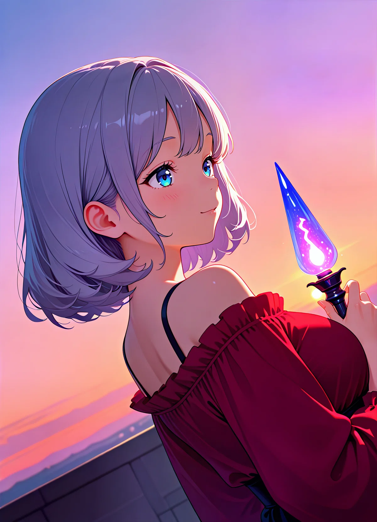 鮮やかな夕焼けをバックに、光る球体を手にした赤いドレスの銀髪少女。