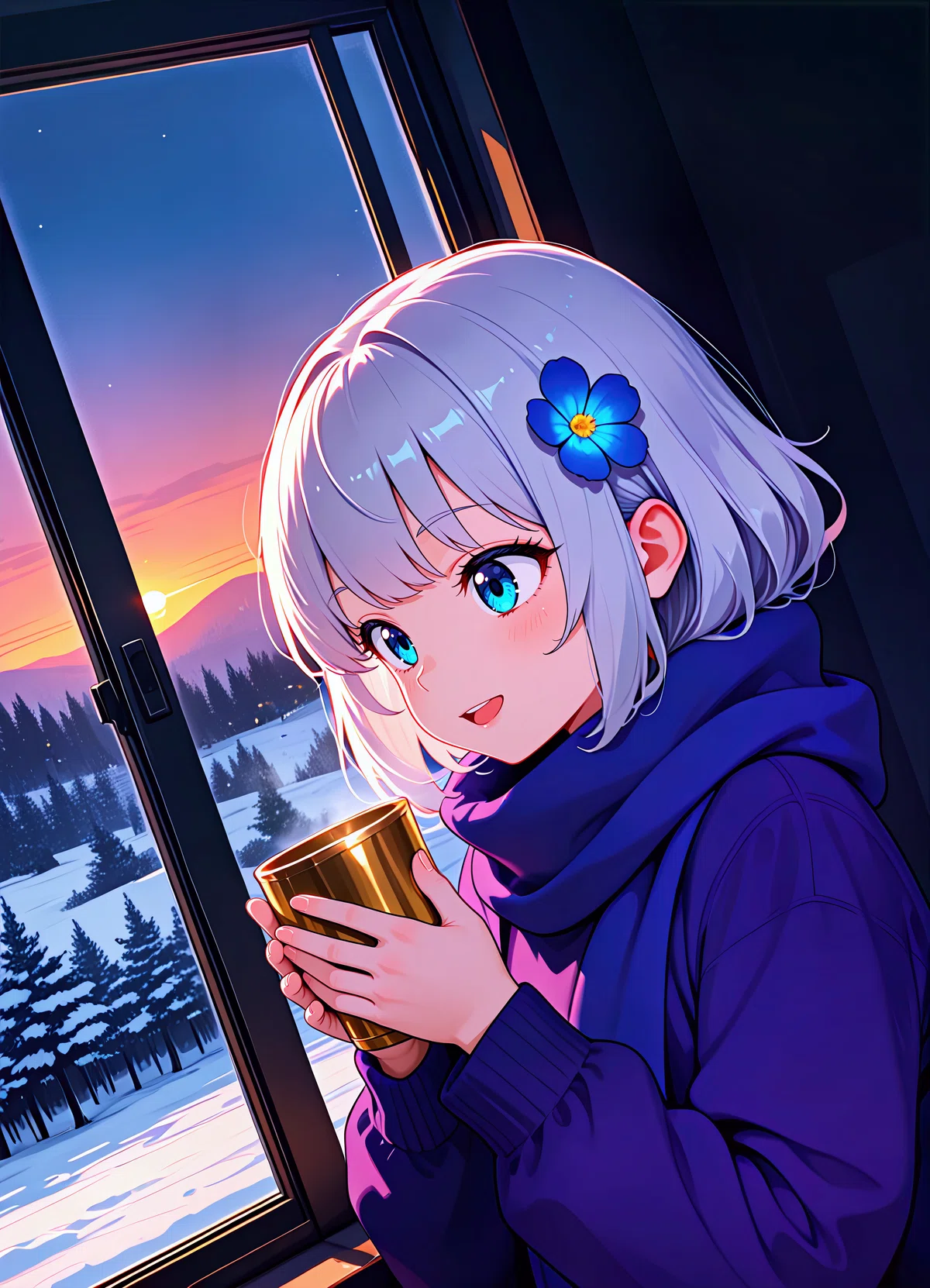 温かい飲み物のコップを持った、柔らかな光に包まれた銀髪少女のバストアップイラスト。