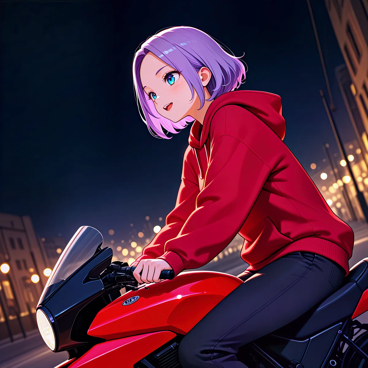赤いトレーナーを着て赤いバイクに乗った紫髪の女性のアニメイラスト