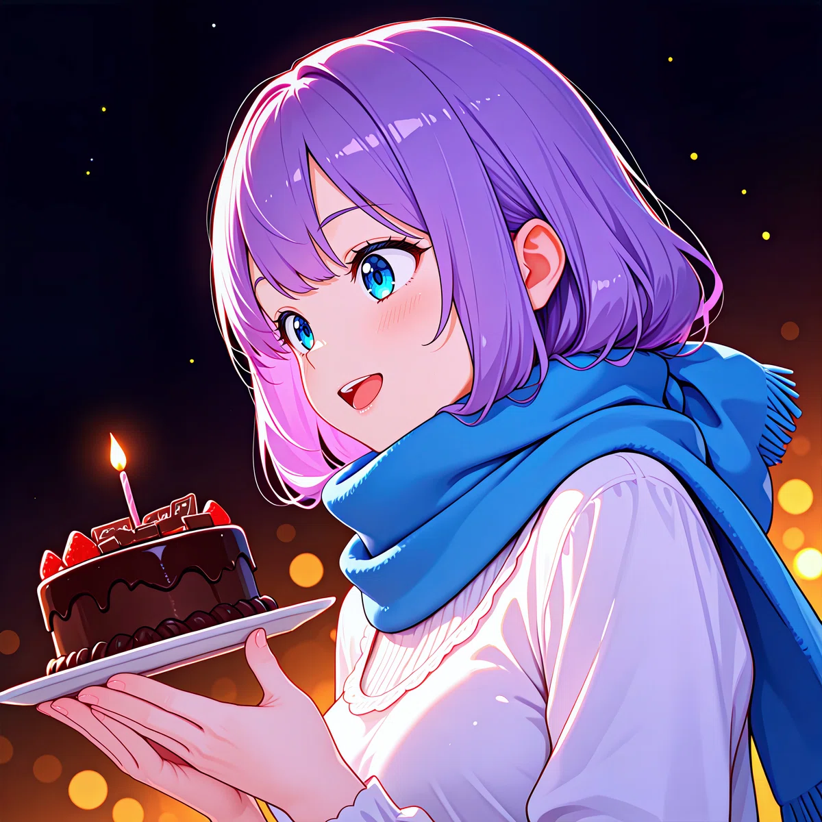 星空と夜景を背景に、デコレーションされたチョコケーキを持つ紫髪の少女。