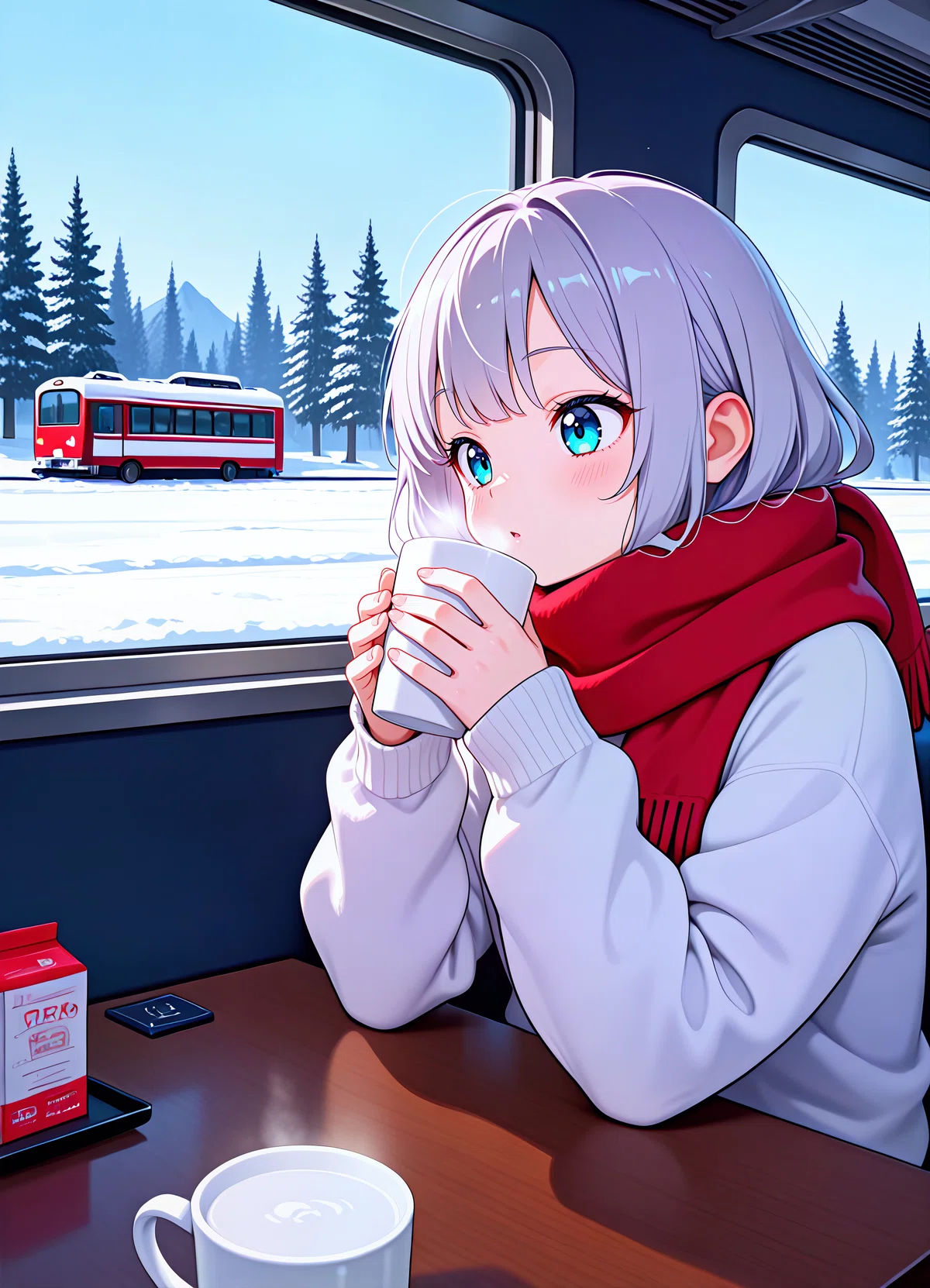 雪景色を走る電車の窓際で、温かい飲み物を持ち赤いマフラーを巻いた銀髪の少女。