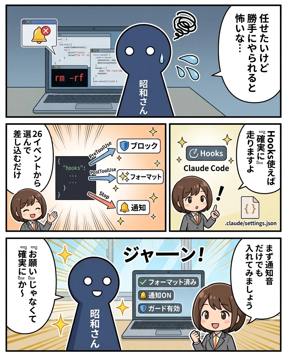 Claude Code Hooksの使い方｜設定方法と実務で使える活用例5選｜AIで