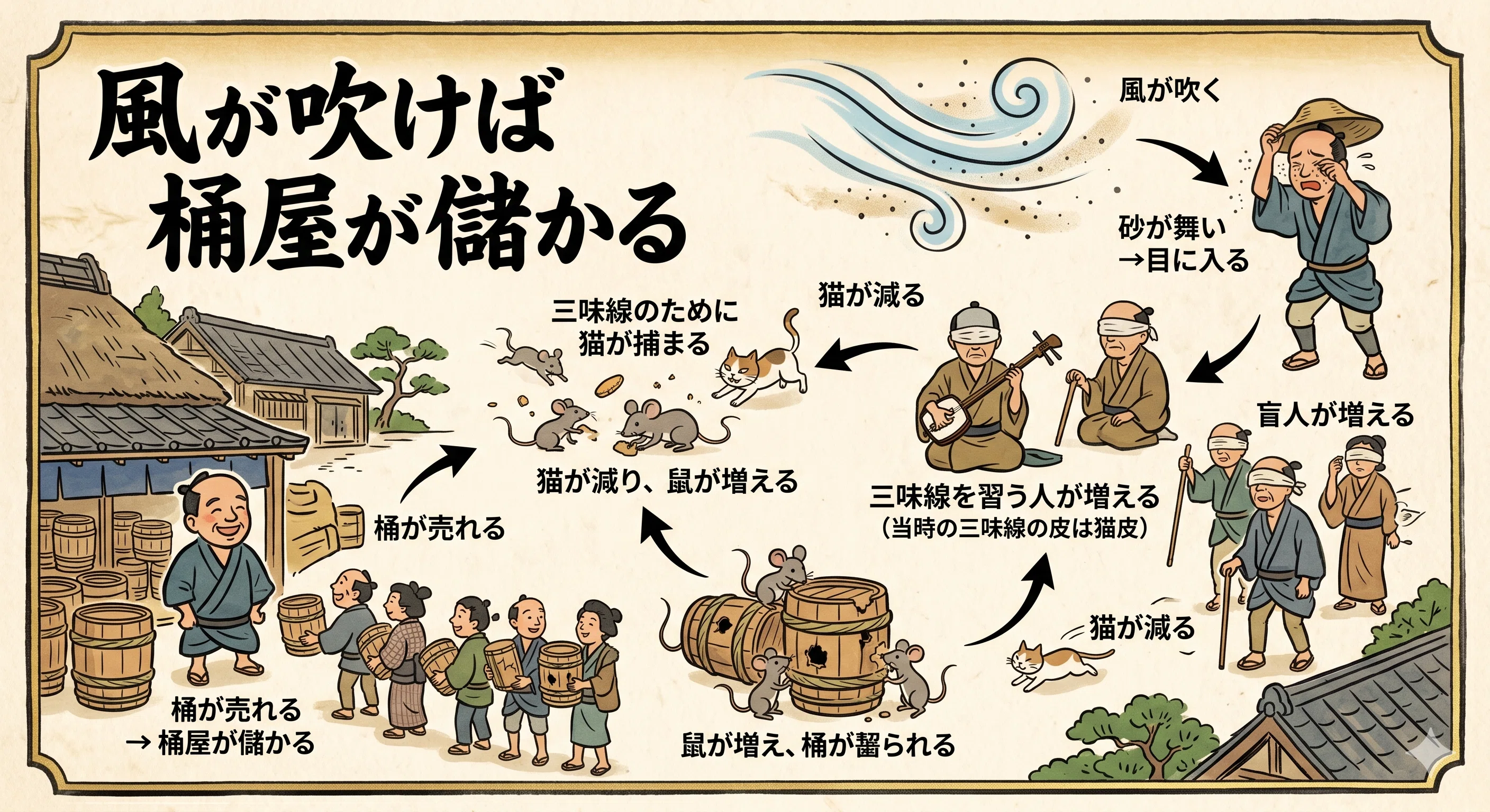 風 が 吹け ば 桶屋 が 儲かる
