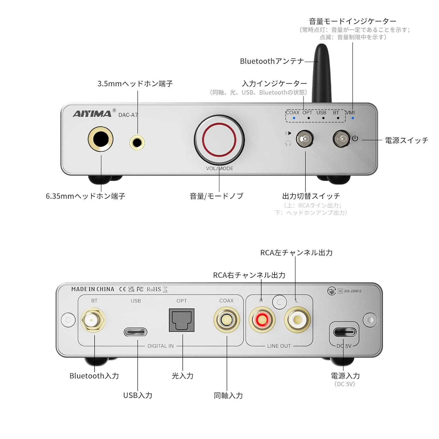 AIYIMA DAC-A7 Bluetooth 5.4 デコードヘッドホンアンプ 3.5mm+6.35mm