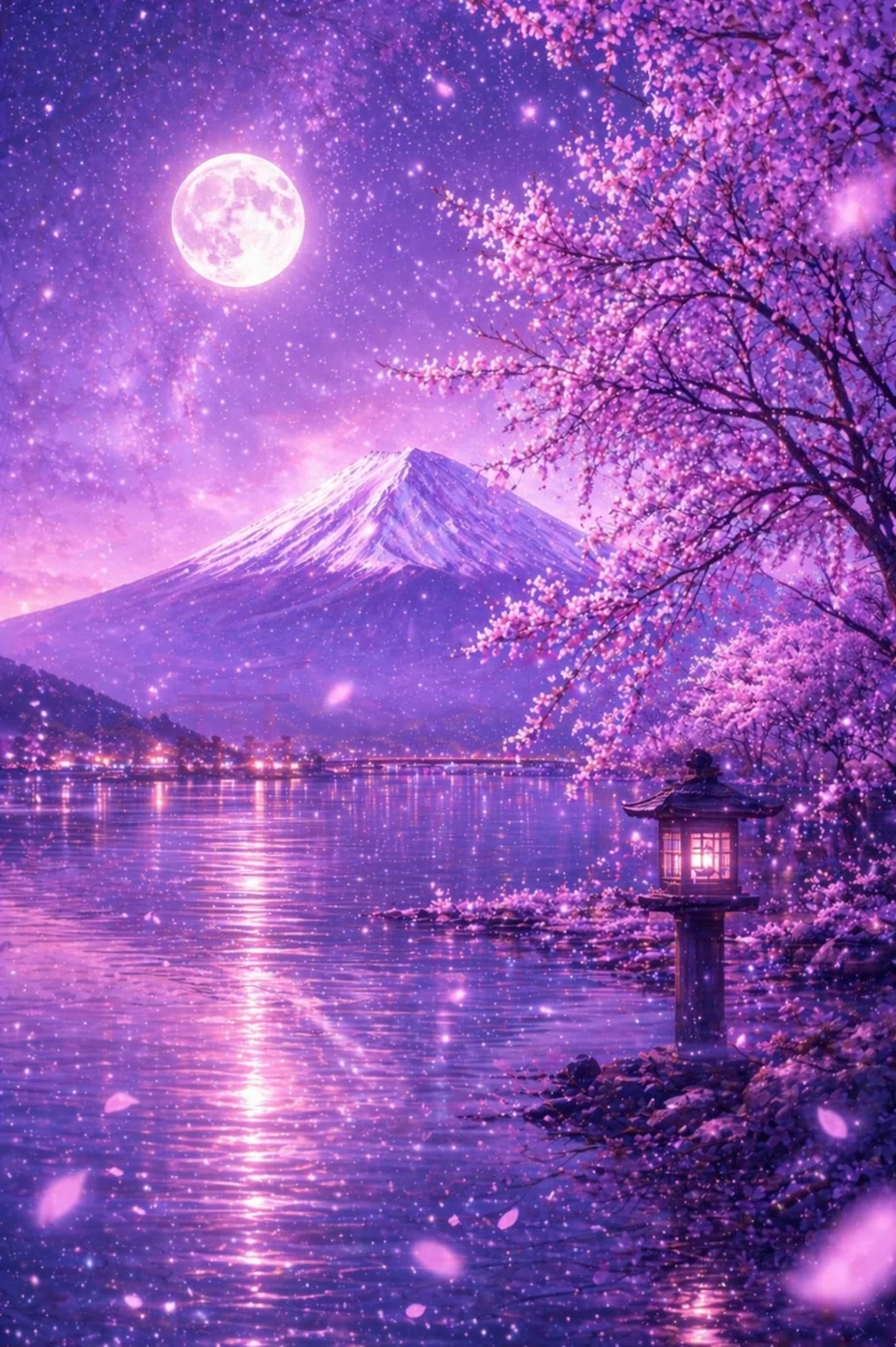 湖上の燈り Light on the Lake AI桜富士山満月日本風景画｜GANDEAUX