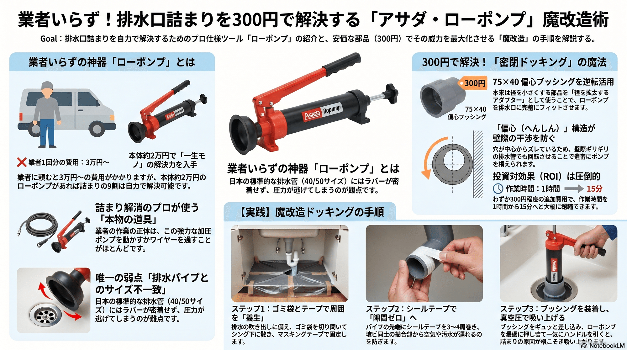 排水口詰まりの神器「アサダ・ローポンプ」プロも驚きの300円魔改造 排水口詰まりの神器「アサダ・ローポンプ」プロも驚きの300円魔改造