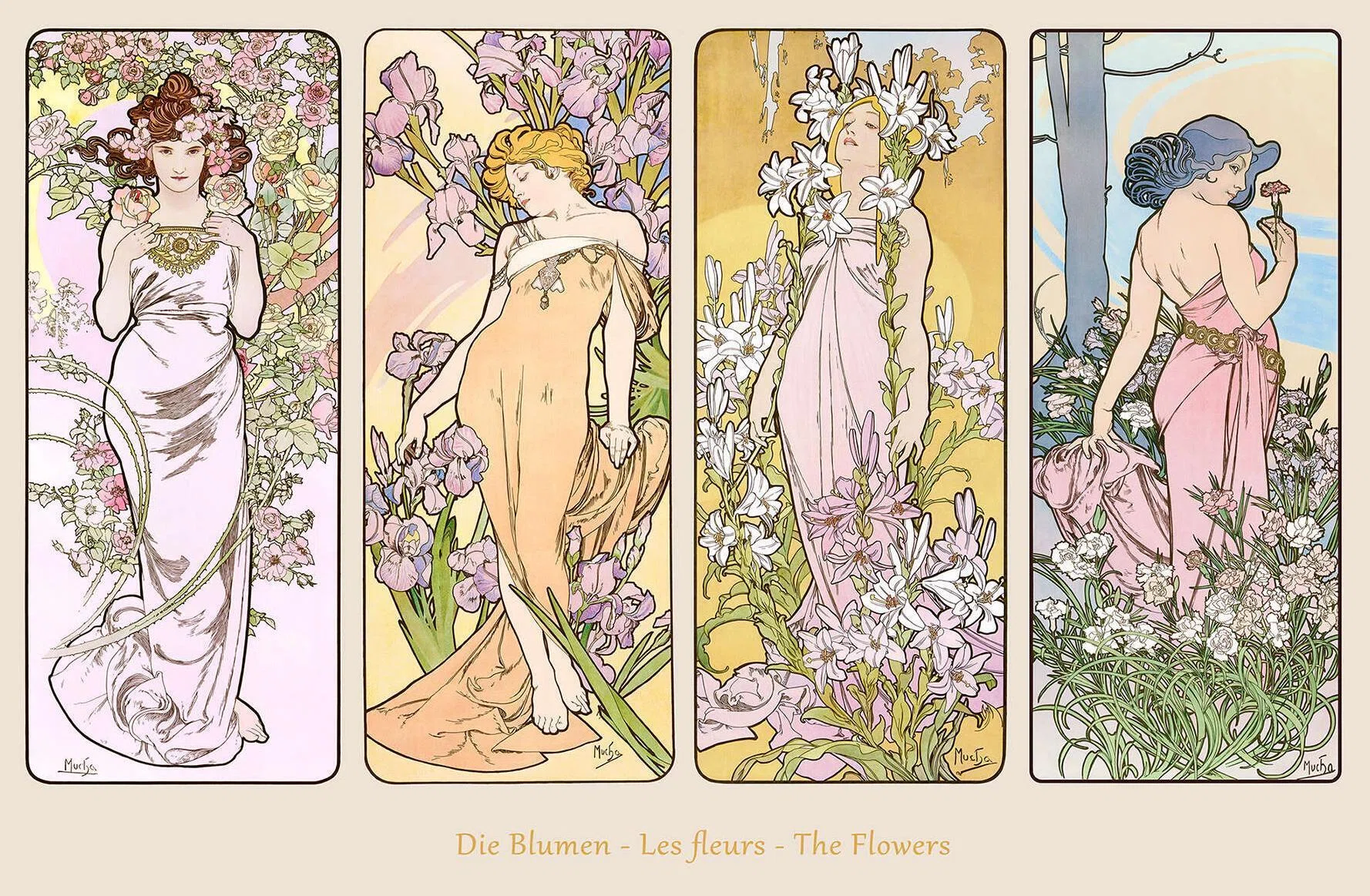 百花繚乱の女神たち】ミュシャ連作『四つの花』。香りと彩りの四重奏を