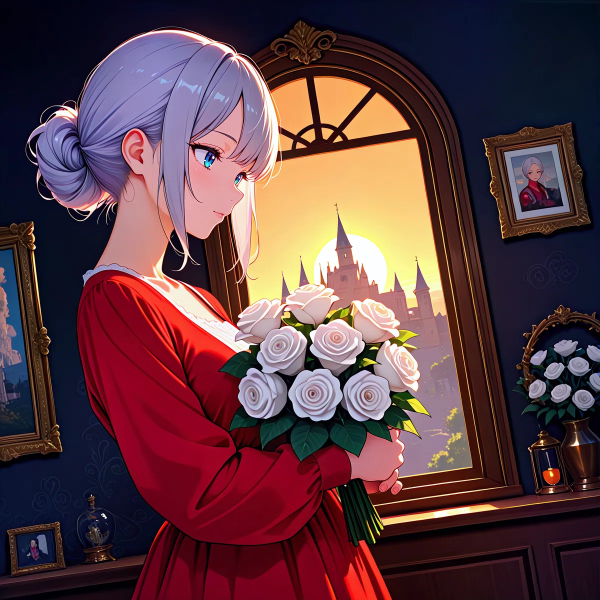 城が見える窓際で、白いバラの花束を持つ赤いドレスの銀髪少女。夕方の柔らかな光。