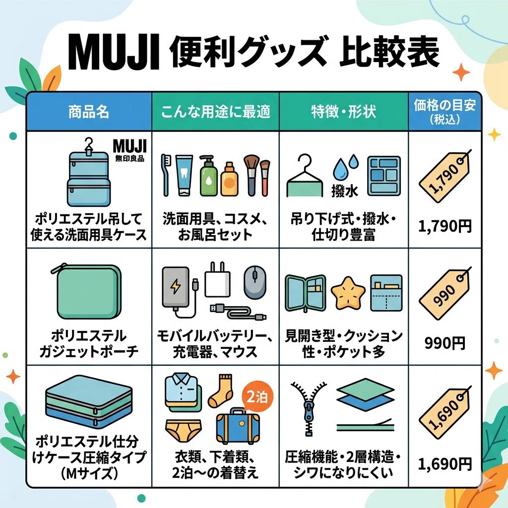 商品名 こんな用途に最適 特徴・形状 価格の目安（税込）
MUJI 無印良品 ポリエステル吊して使える洗面用具ケース 洗面用具、コスメ、お風呂セット 吊り下げ式・撥水・仕切り豊富 1,790円
ポリエステルガジェットポーチ モバイルバッテリー、充電器、マウス 見開き型・クッション性・ポケット多 990円
ポリエステル仕分けケース圧縮タイプ 衣類、下着類、2泊〜の着替え 圧縮機能・2層構造・シワになりにくい 1,690円（Mサイズ）