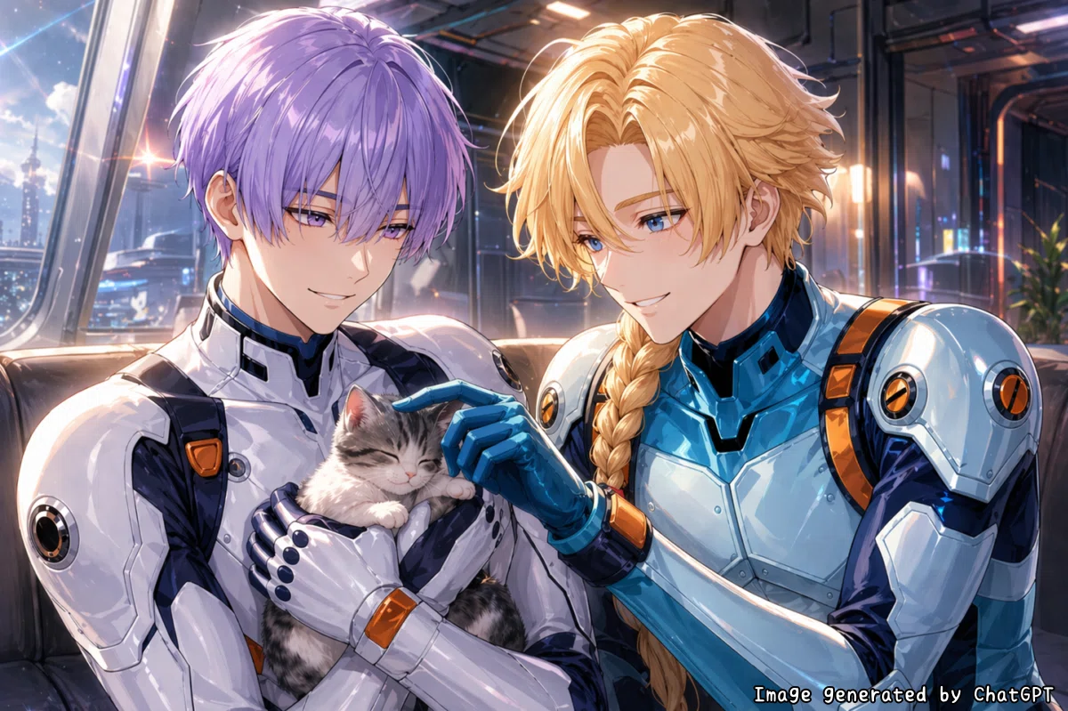 ChatGPTで生成したロボットパイロットの隊長が子猫を抱っこしていて、部下が子猫の頭を撫でている微笑ましいシーンのイラスト