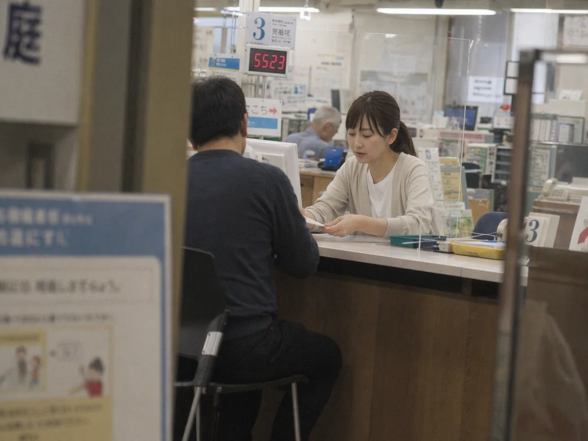 地方都市の市役所窓口を、柱や掲示物越しの離れた位置から撮影した写真。窓口番号「3」と赤い番号表示のあるカウンターで、若い女性職員が来庁者に書類を渡しながら対応している。アクリル板、案内表示、庁舎内の事務机が見え、業務中の様子を目立たない位置から記録した一枚に見える。