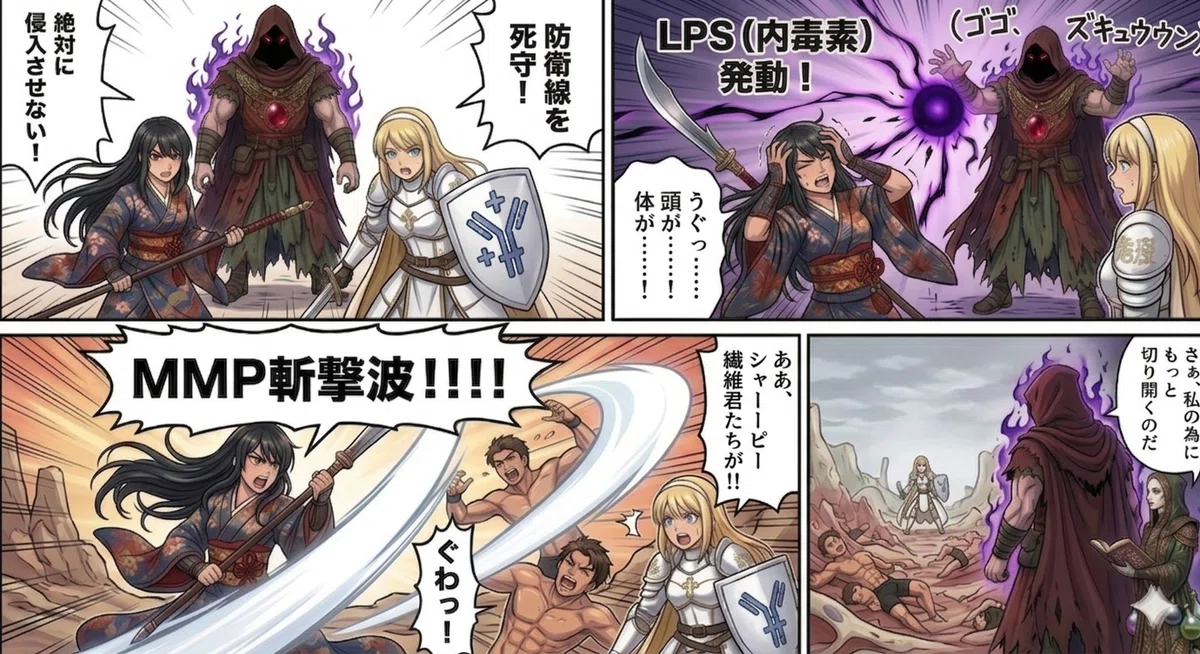 レッドコンプレックスであるグラエ菌がLPSを出す事でマクロファージに与える影響によりNMPをだし、その結果を説明した画像