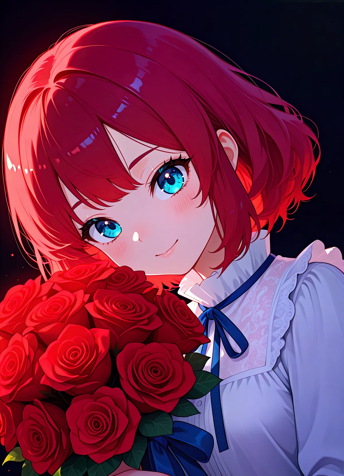 mellow_pencil-XL_clear_v2で生成された赤いバラの花束を持った赤髪の白いブラウスを着た女性のアニメイラスト