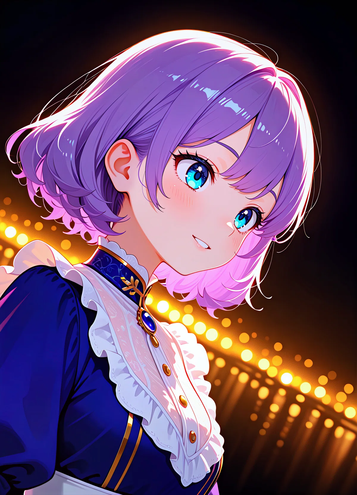 mellow_pencil-XL_clear_v2で生成された、白と青の服を着た紫髪の女性のアニメイラスト