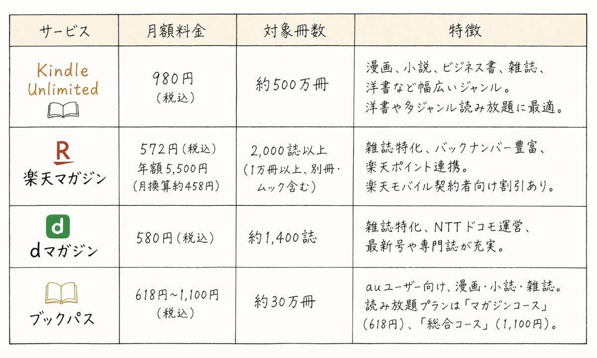 他の電子書籍読み放題サービスとの料金比較表