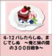 4-12 バレたらしぬ、まじでしぬ ~俺と妹の間の300日戦争~ 画像内でケーキで表されたタイあらの情報量。クラシックショコラケーキがキレイにデコレーションされており、フォークも添えられている。