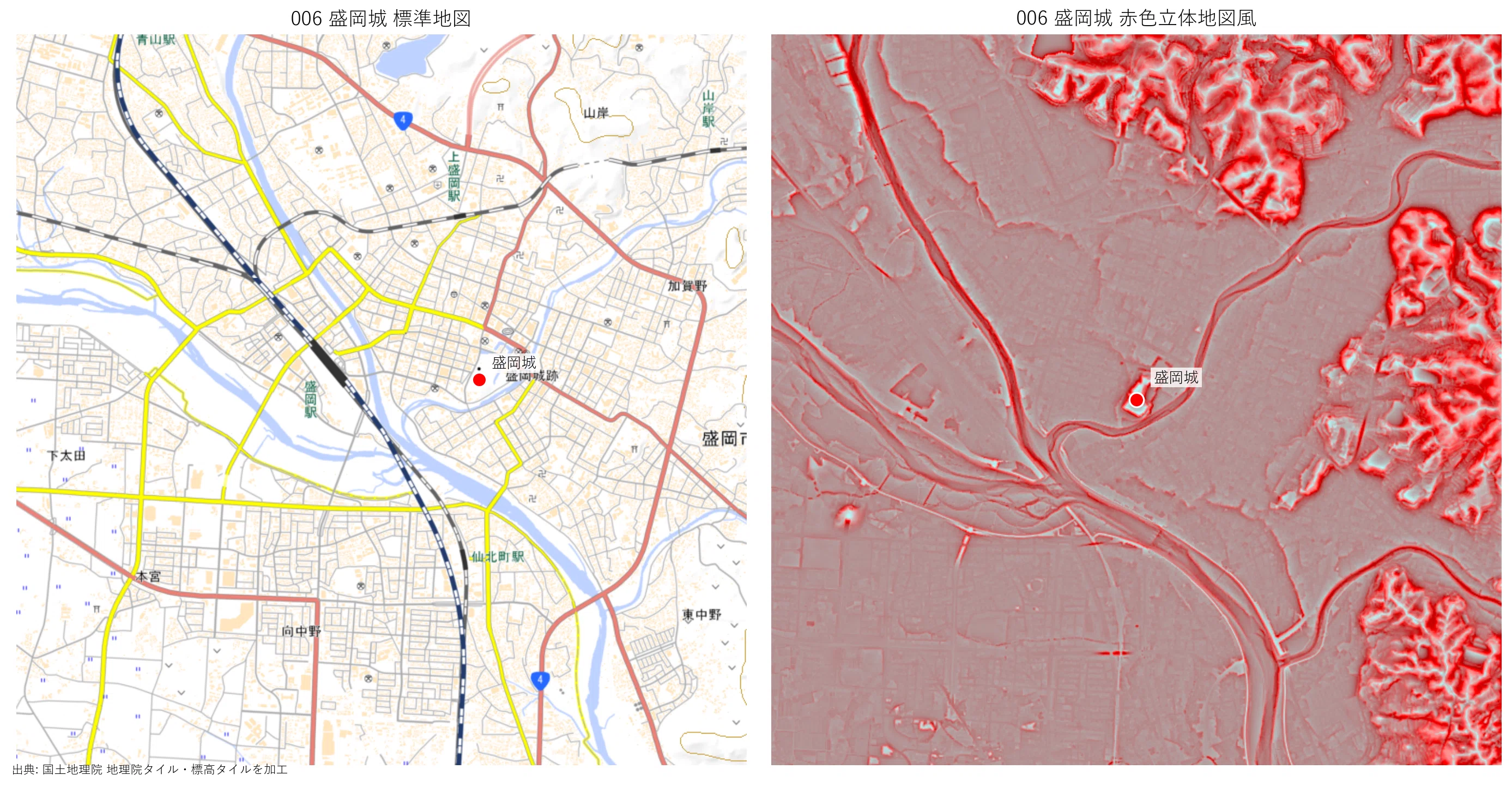 Pythonで作る100名城 5mDEM 赤色立体地図風｜issa50sの歴史探検