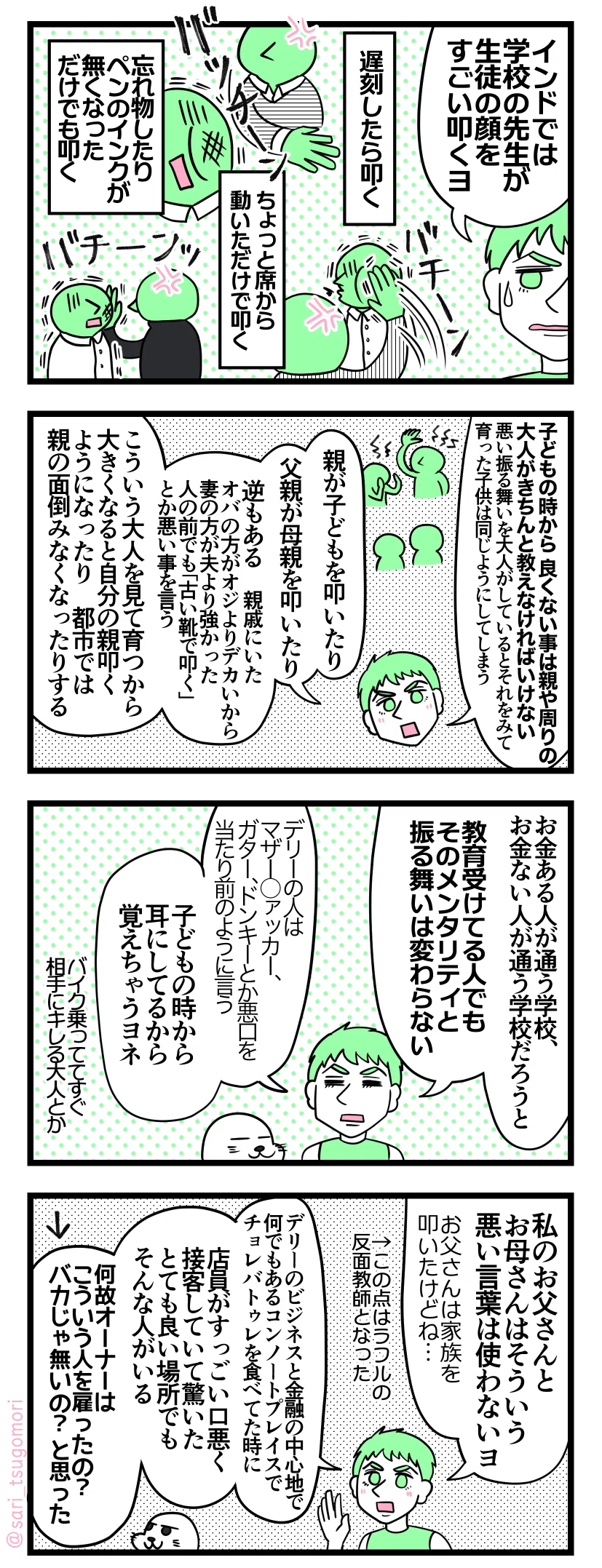 ４コマ漫画のテキスト
１：生徒を叩きまくる学校の先生
ラフル「インドでは学校の先生が生徒の顔をすごい叩くヨ」 遅刻したら叩く［バチーン］ ちょっと席から動いただけで叩く［バチーン］ 忘れ物したりペンのインク無くなっただけでも叩く［バチーン］

２：子どもの時の環境の大切さ
ラフル「子どもの時から良くない事は親や周りの大人がちゃんと教えなければいけない。悪い振る舞いを大人がしているとそれをみて育った子どもは同じ用にしてしまう。親が子どもを叩いたり、父親が母親を叩いたり、逆もある。親戚にいた。オバの方がオジよりデカくて妻の方が夫より強かった。人の前でも『古い靴で叩く』とか悪い事言う。こういう大人を見て育つから大きくなると自分の親叩くようになったり、都市では親の世話しなくなったりする」

３：どういう学校で教育を受けても変わらない
ラフル「お金ある人が通う学校と、お金ない人が通う学校だろうと、教育受けてる人でもそのメンタリティと振る舞い変わらない。デリーの人はマザー◯ァッカー、ガター、ドンキーとか悪口を当たり前のように言う。子どもの時から耳にしちゃってるから覚えちゃう」（バイク乗っててすぐ相手にキレる大人とか）

４：とても良い場所にさえ振る舞い言動悪い人がいる
ラフル「私のお父さんとお母さんはそういう悪い言葉使わないヨ（お父さんは家族の事叩いたけどね…」←父親のこういう面はラフルの反面教師となった。
ラフル「デリーのビジネスと金融の中心地で何でもあるコンノートプレイスでチョレバトレを食べてた時、店員がすっごい口悪く接客していて驚いた。とても良い場所でもそんな人がいる。なんでオーナーはこの人を雇ったの？バカじゃ無いの？と思った」←