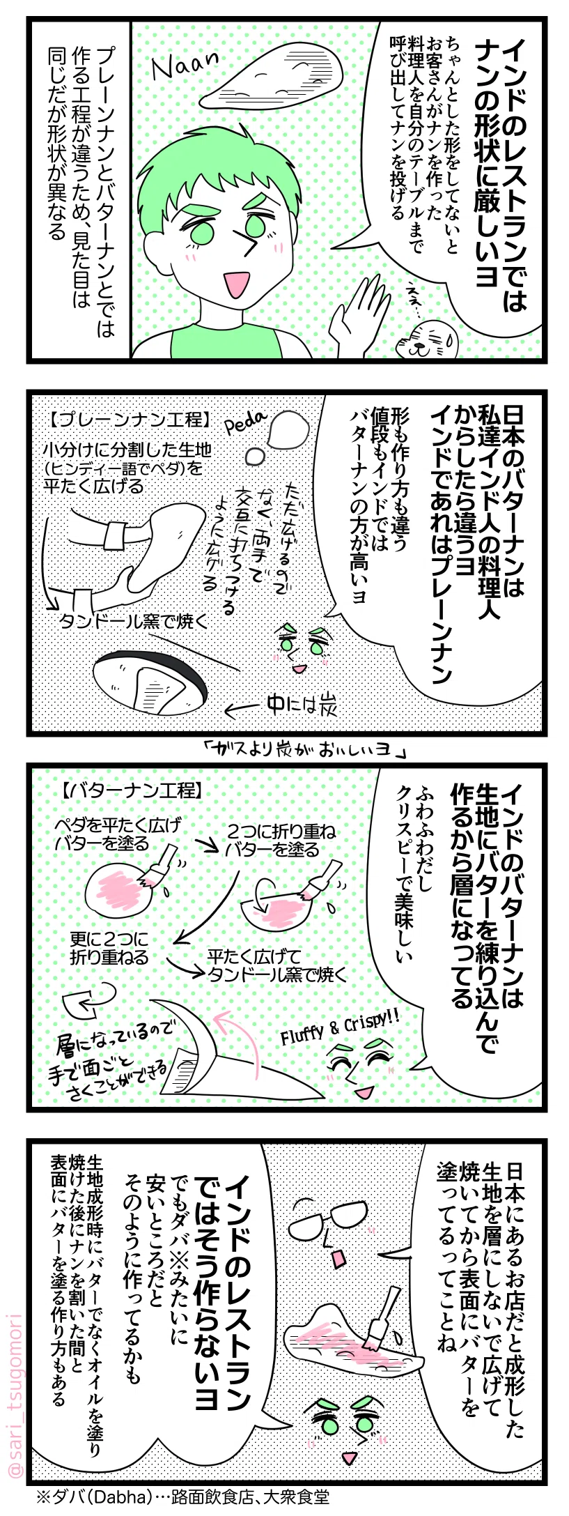 ４コマ漫画のテキスト
１：ナンごとに作り方は違う
ラフル「インドのレストランではナンの形状に厳しいヨ（ちゃんとした形をしてないとお客さんがナンを作った人を呼んで、その人に向かってナンを投げちゃう）」
アザラシ「ええ・・・投げる・・・」
プレーンナンとバターナンとで作る工程が違う為、見た目は同じだが形状が異なる。

２：日本のバターナンはインドではプレーンナン
夫「日本のバターナンは、私達インド人料理人からしたら違うヨ。インドではあれはプレーンナン。形も作り方も違う、値段もインドではバターナンの方が高いヨ」
【プレーンナン工程】 小分けに分割した生地（ヒンディー語でペダ／peda）を平たく広げる→タンドール窯で焼く（ただ広げるのではなく、両手で交互に打ち付けるように生地を広げる）タンドール窯の中は炭（ラフル「ガスより炭が美味しいヨ」）

３：インドでのバターナンの作り方
ラフル「インドのバターナンは生地にバターを塗って作るから層（レイヤー）になってる。ふわふわだしクリスピーで美味しい」
【バターナン工程】 ペダを平たく広げたらバターを塗る→２つに折り重ねバターを塗る→更に２つに折り重ねる→平たく広げてタンドール窯で焼く。層になっているので手で面ごとぺらーっと割くことができる。

４：安いお店だとインドでも日本のバターナンみたいに作るかもー
さり「日本にあるお店だと成形した生地を層にしないで広げて焼いた後、表面にバター塗ってるだってことね」 
ラフル「インドのレストランではそう作らないヨ。ダバ※みたいに安いところだとそう作ってるかも。生地成形の時にバターでなくオイルを使い、焼けた後にナンを割いた間と表面にバターを塗る作り方もある」※ダバ（Dhaba）…路面飲食店、大衆食堂