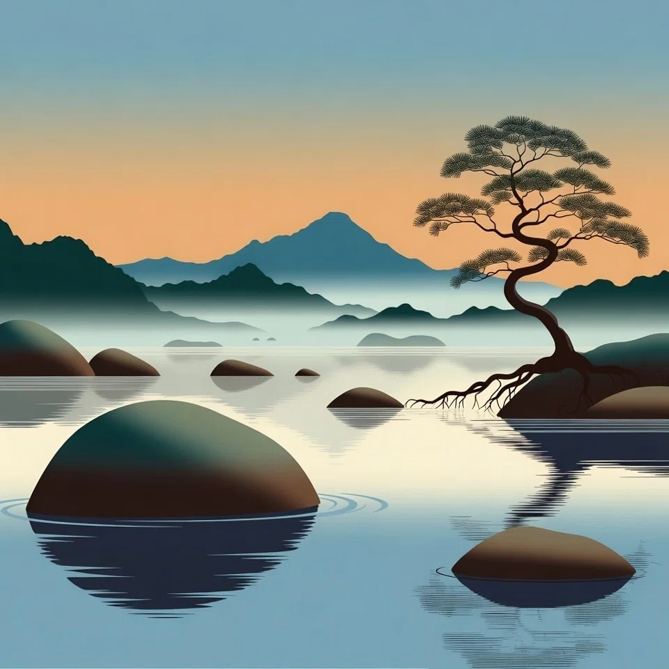 穏やかな水面に浮かぶ滑らかな岩と、右側に立つ曲がりくねった一本の松の木。背景には霧に包まれた山々が連なり、空はオレンジから青へと変わる夕暮れ時のグラデーションで描かれている。現代的なフラットデザインと伝統的な和の情緒が融合したイラストレーション。