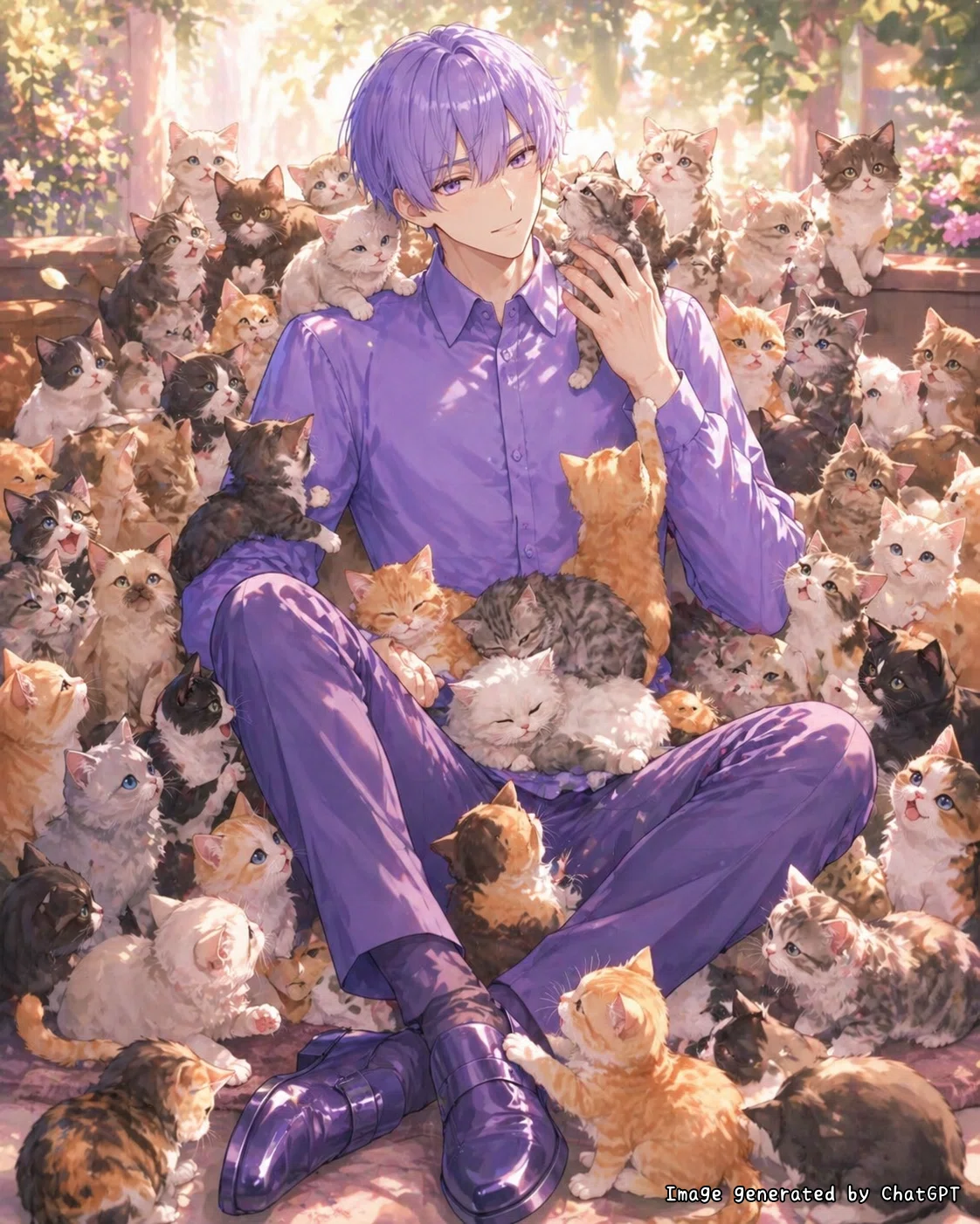 自作キャラクターが密集する子猫に囲まれている生成AI(ChatGPT)で作ったイラスト